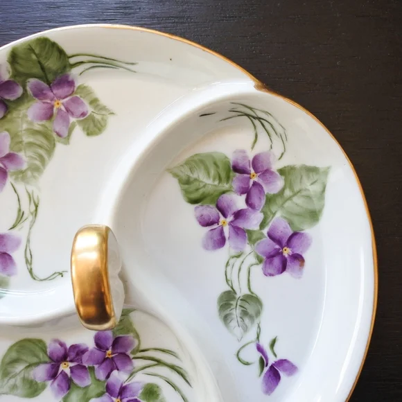 Vintage Mid Century Hand Painted Purple Flower Jewelry Trinket Dish - Picture 6 of 7